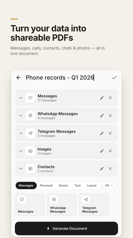 2doc: a document being built from messages, call log and photos